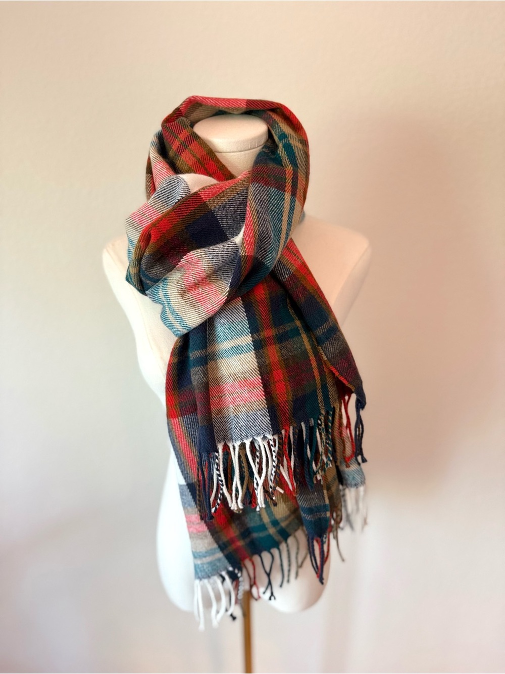J. Crew Plaid Fringe Scarf in Red, Navy, Green & Cream